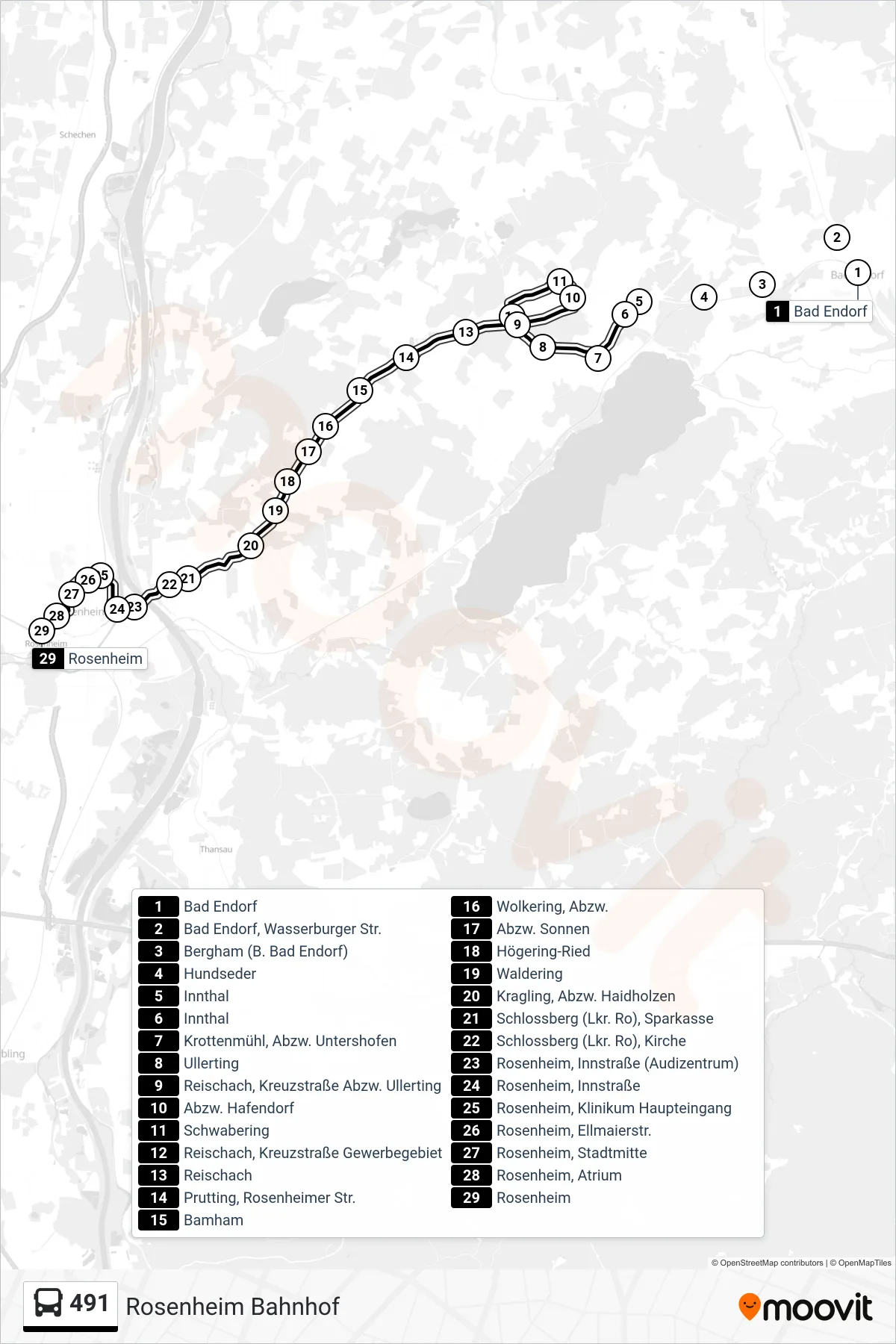491 bus Line (Rosenheim Bahnhof) route and stops on a map