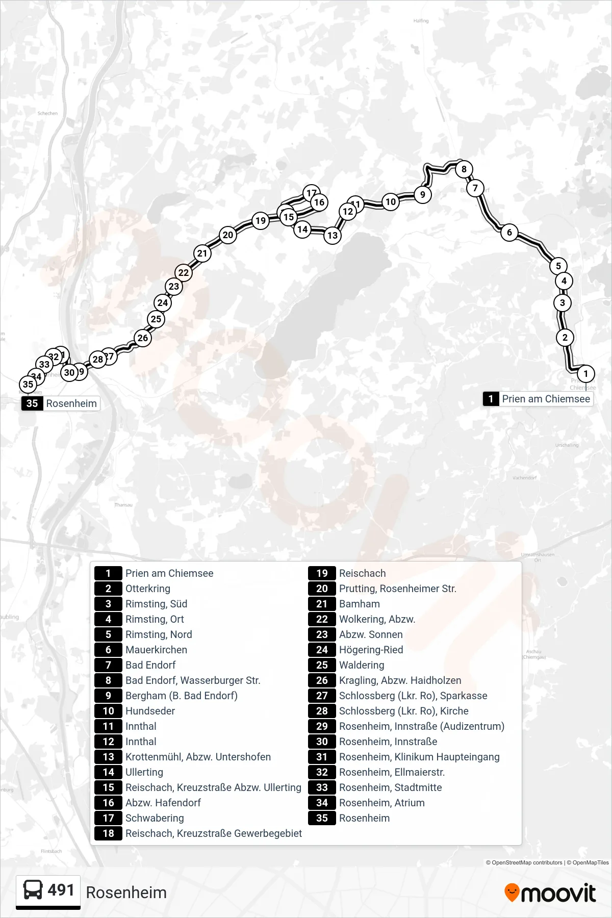 Linie 491 (Bus) Richtung Rosenheim: Route und Haltestellen auf der Karte
