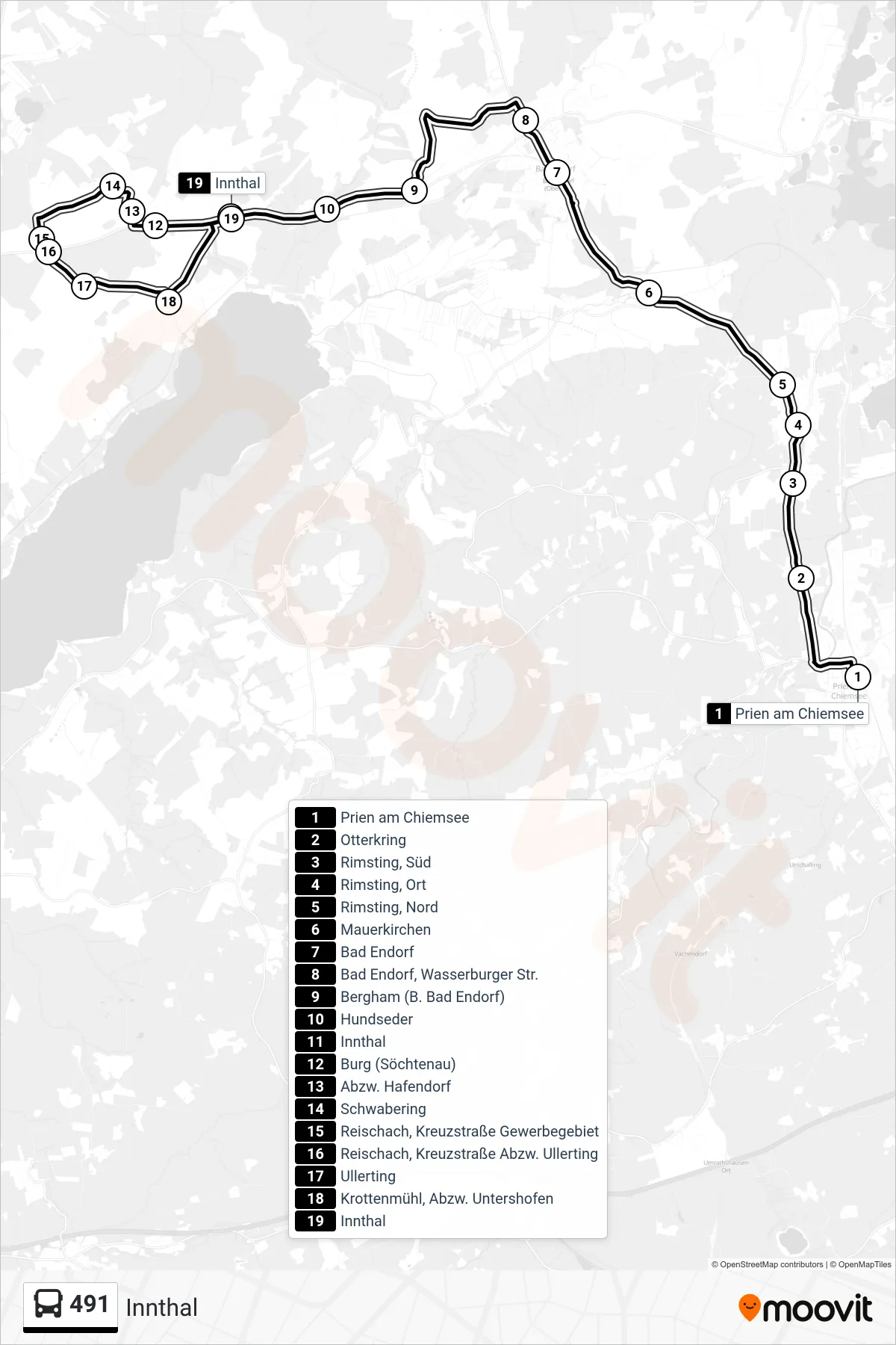 491 bus Line (Innthal) route and stops on a map
