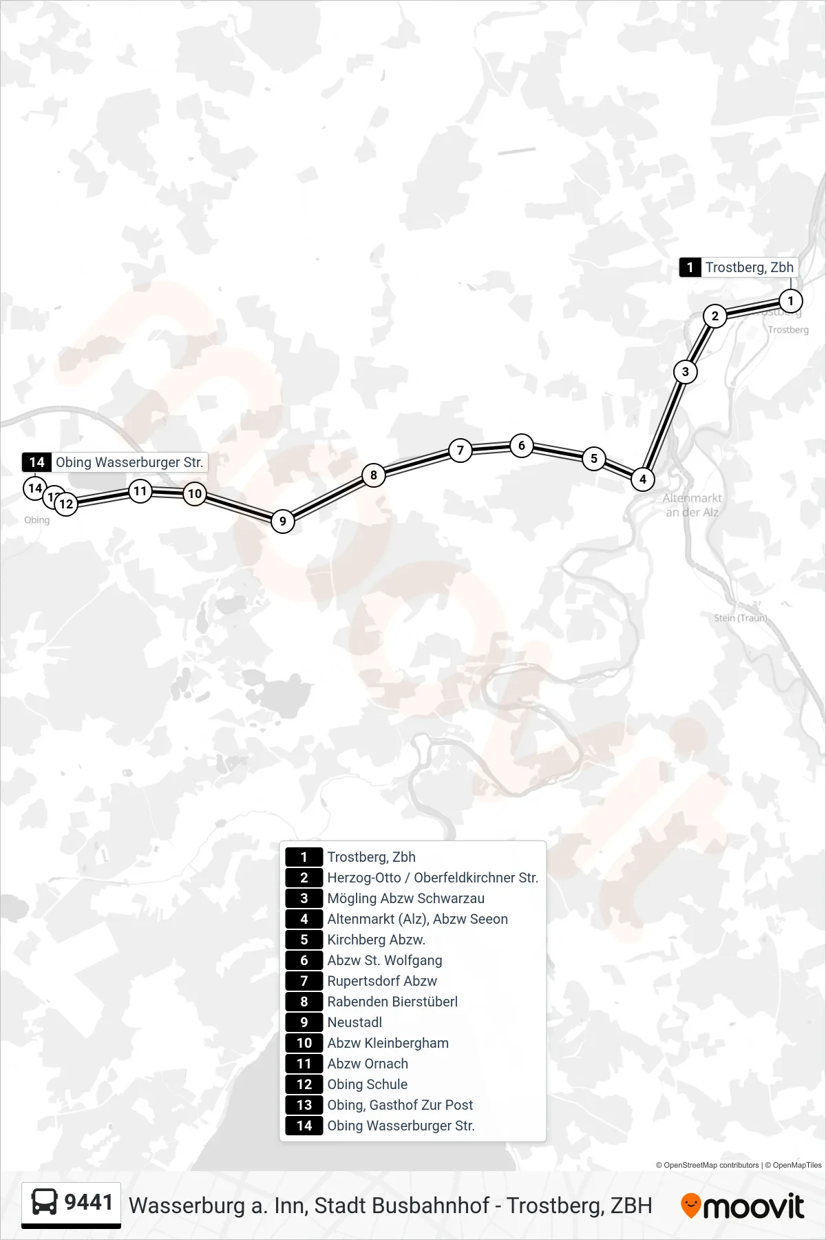 Linie 9441 (Bus) Richtung Obing Wasserburger Str.: Route und Haltestellen auf der Karte