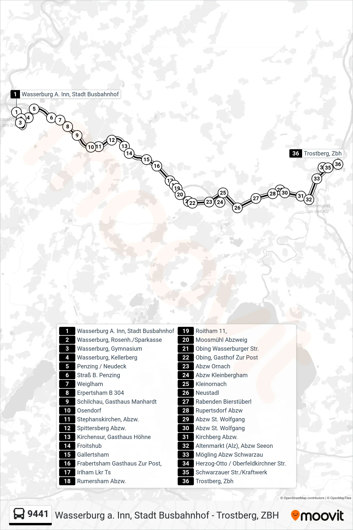 9441 bus Line (Trostberg, Zbh) route and stops on a map