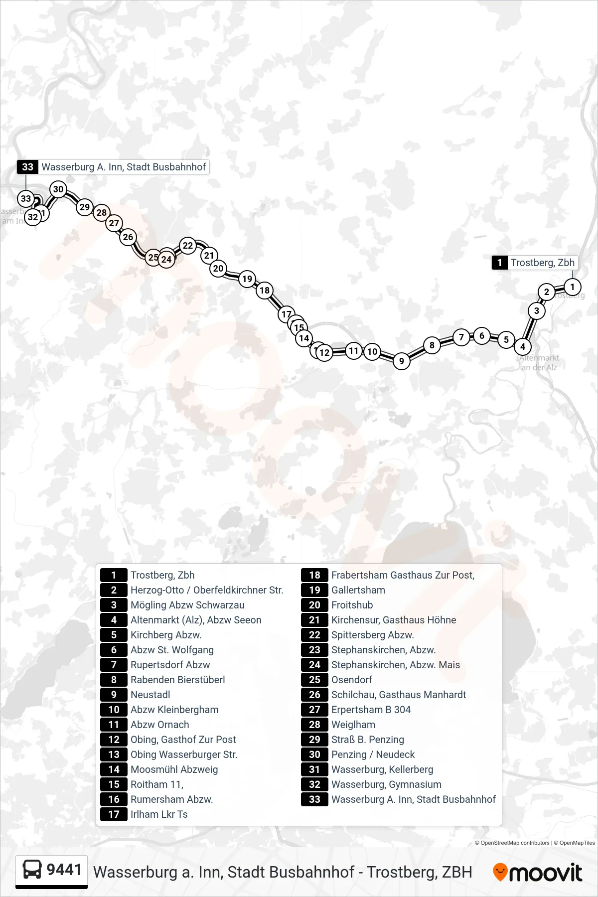9441 bus Line (Wasserburg Stadt Busbf) route and stops on a map