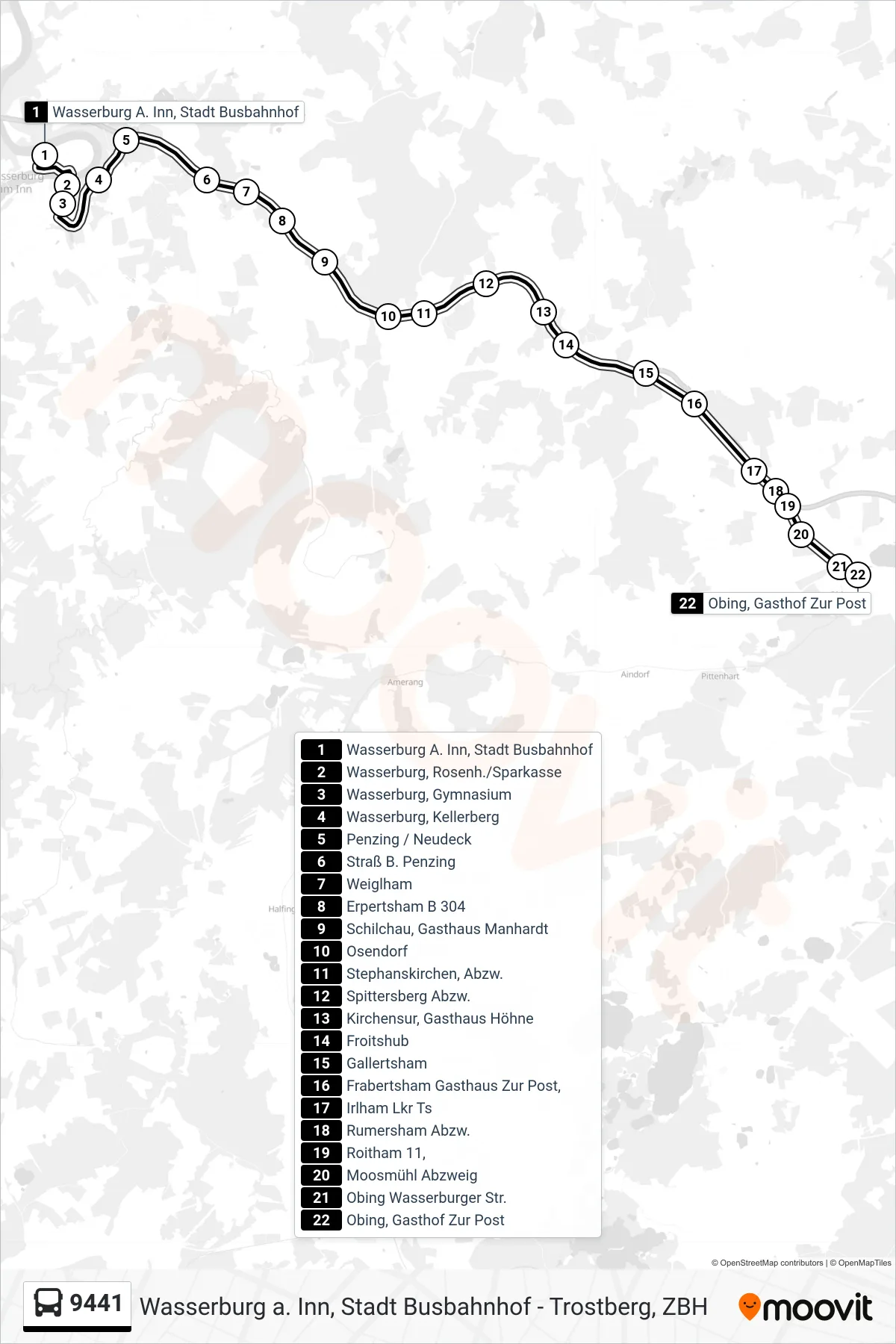 9441 bus Line (Obing, Gasthof Zur Post) route and stops on a map