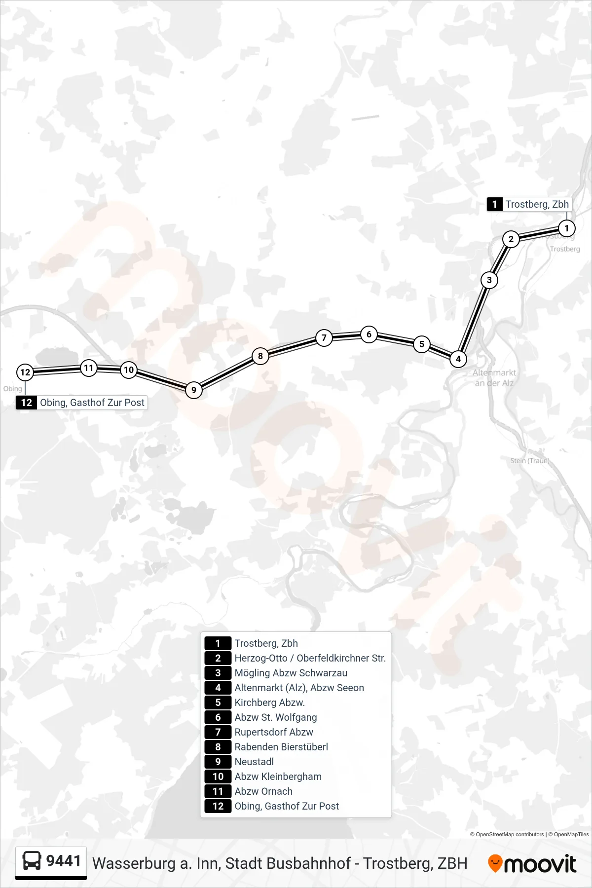 9441 bus Line (Obing, Gasthof Zur Post) route and stops on a map