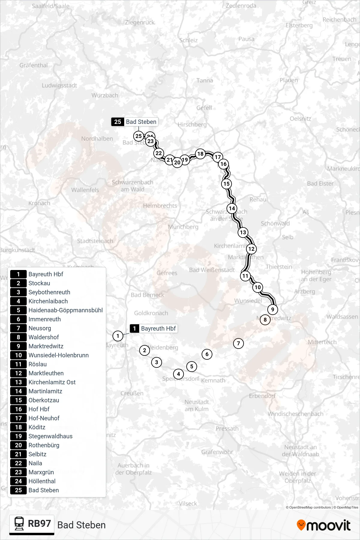 RB97 train Line (Bad Steben) route and stops on a map