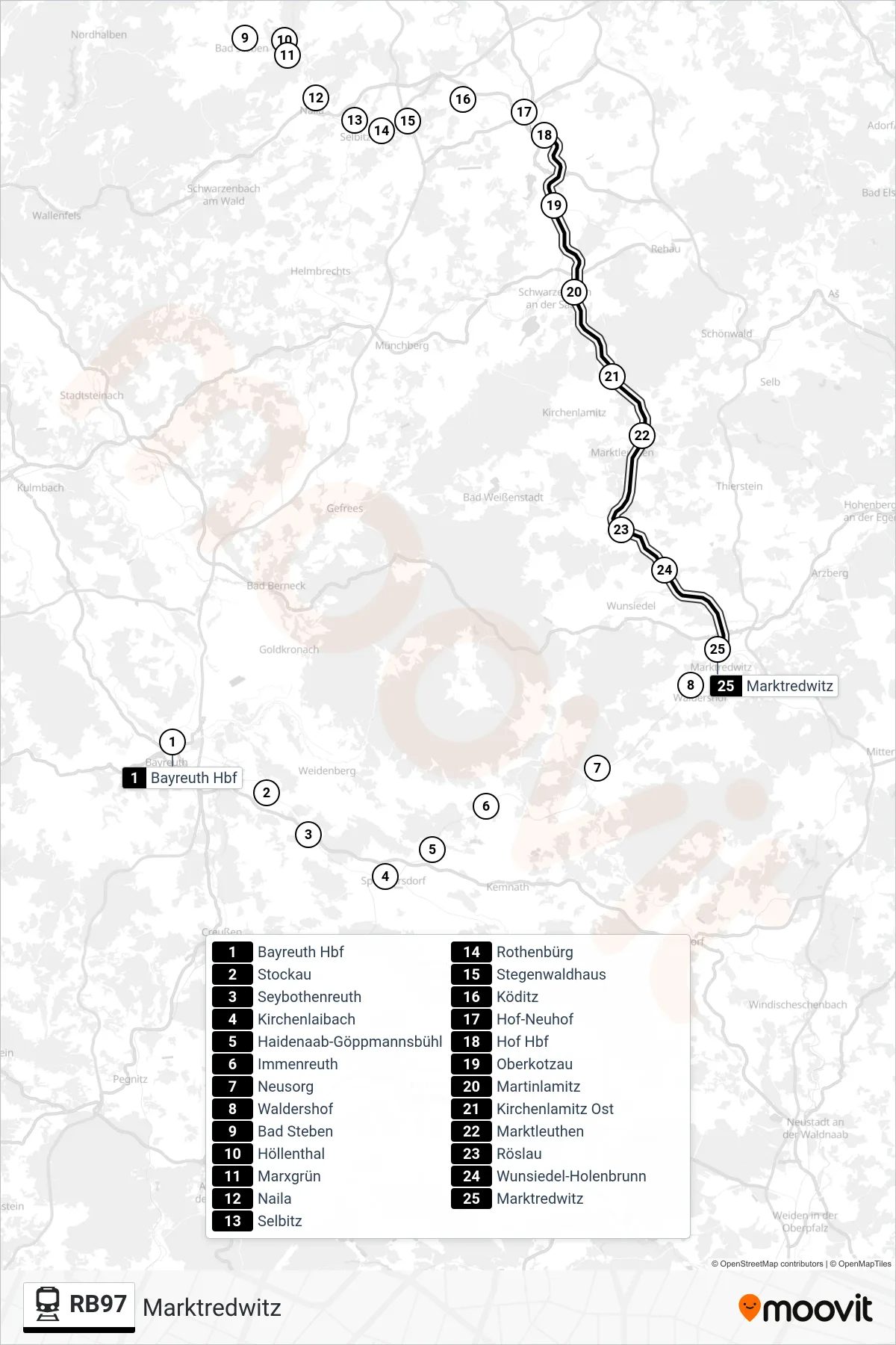 RB97 rail Line (Marktredwitz) route and stops on a map