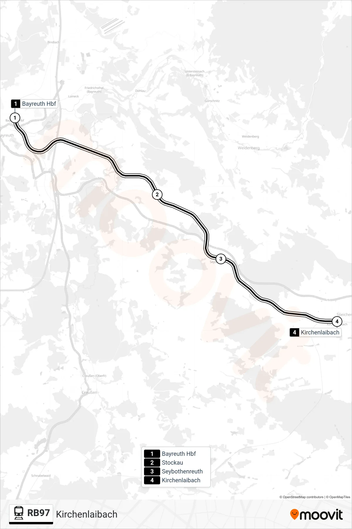 RB97 train Line (Kirchenlaibach) route and stops on a map
