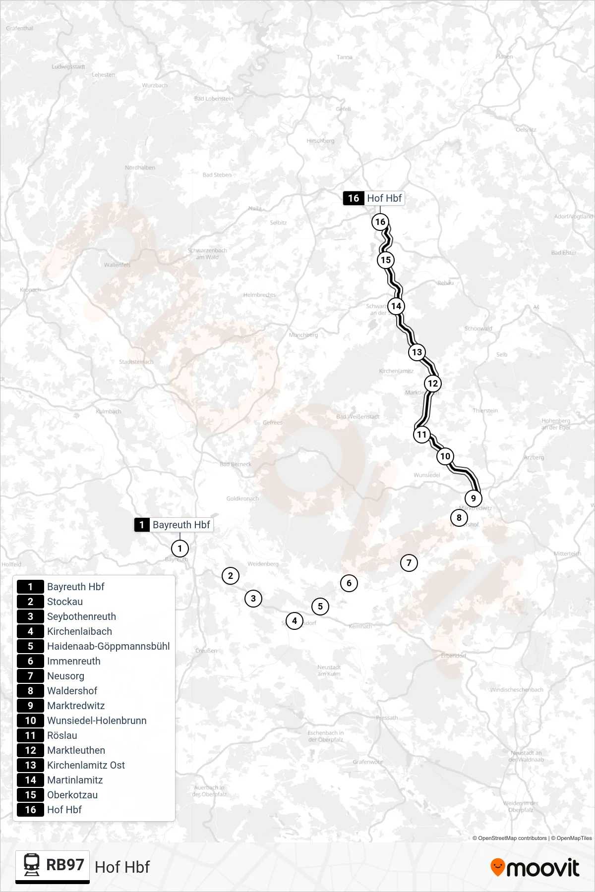 Linie RB97 (Bahn) Richtung Hof Hbf: Route und Haltestellen auf der Karte