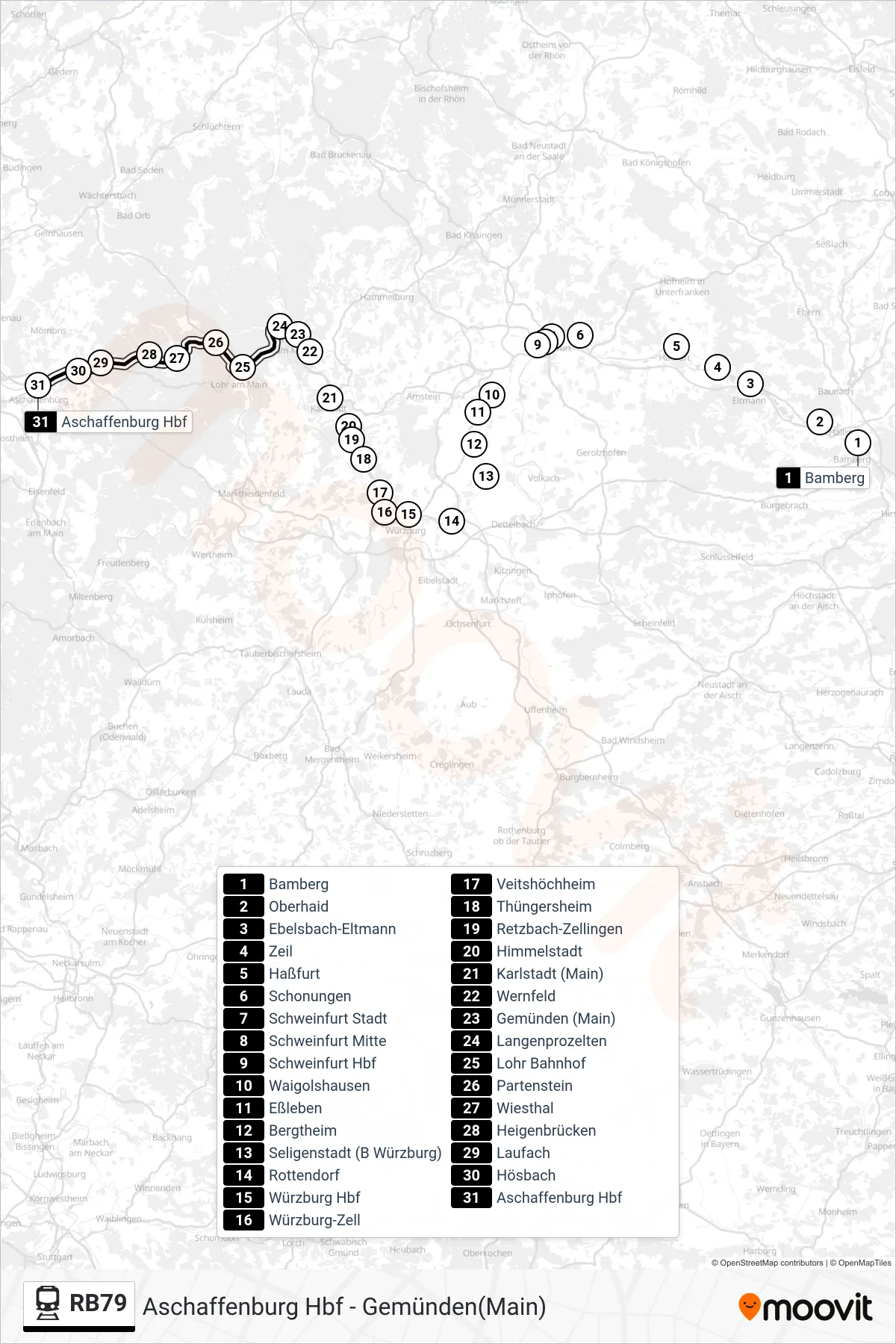 RB79 tram Line (Aschaffenburg Hbf) route and stops on a map