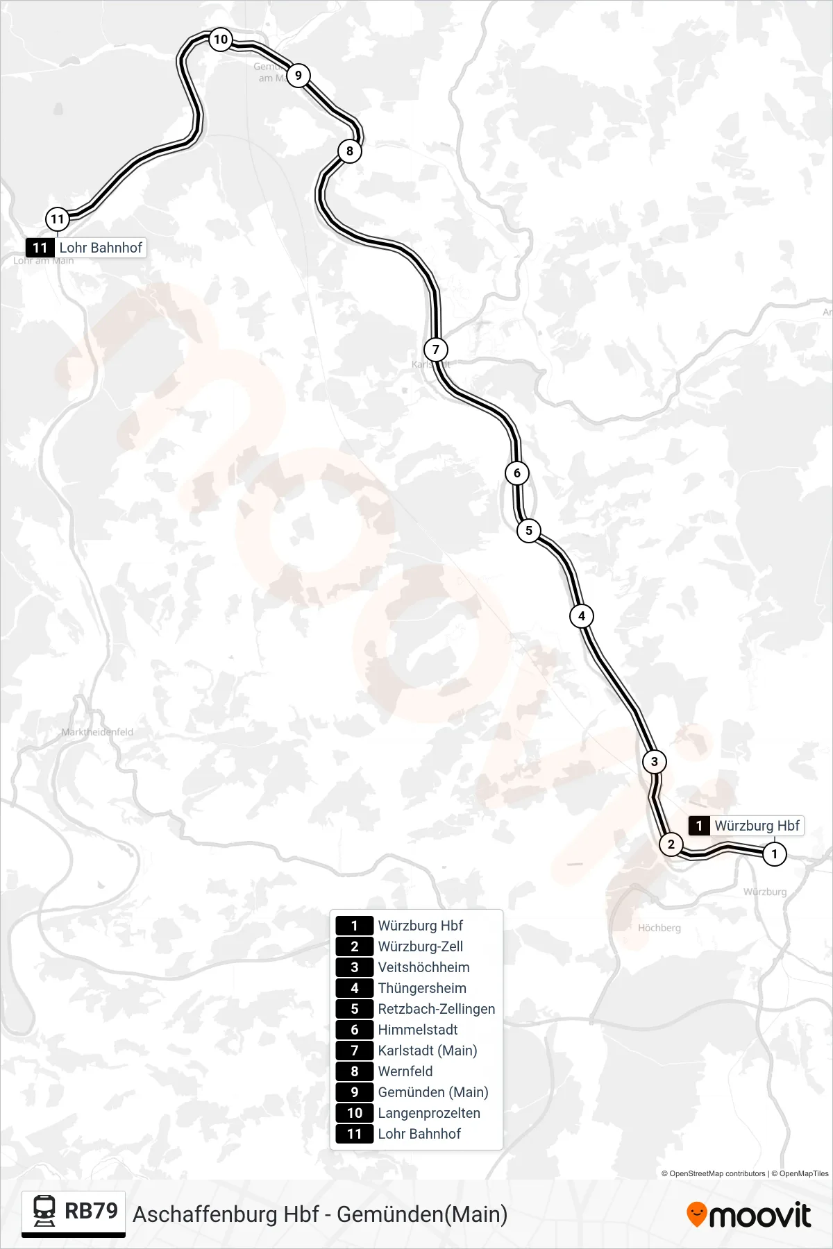 RB79 tram Line (Lohr Bahnhof) route and stops on a map