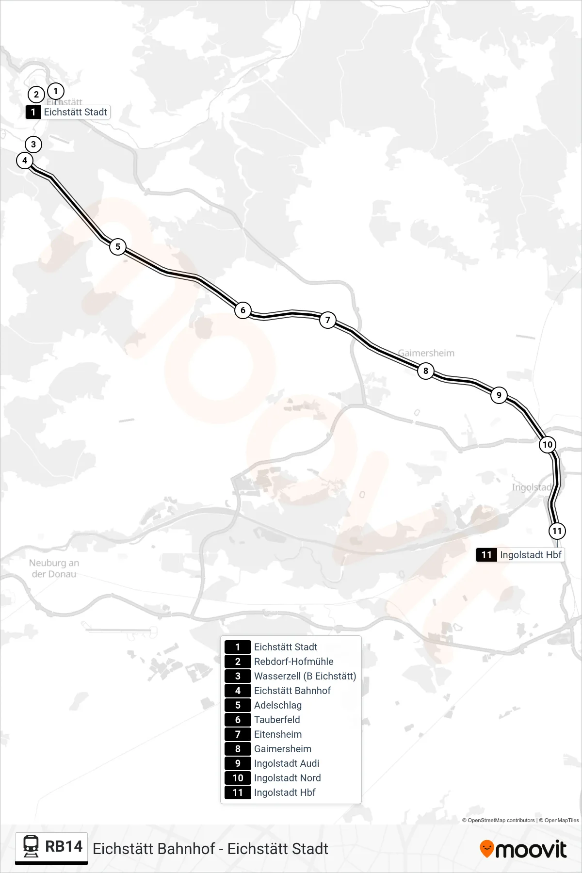 Linie RB14 (Tram) Richtung Ingolstadt Hbf: Route und Haltestellen auf der Karte