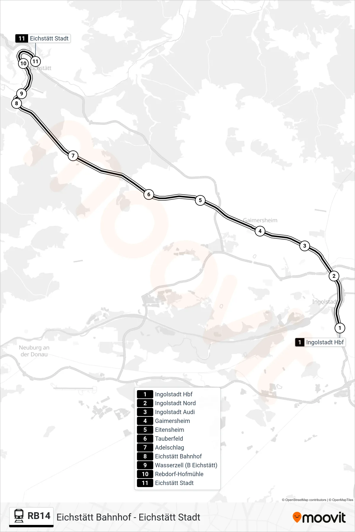 RB14 tram Line (Eichstätt Stadt) route and stops on a map