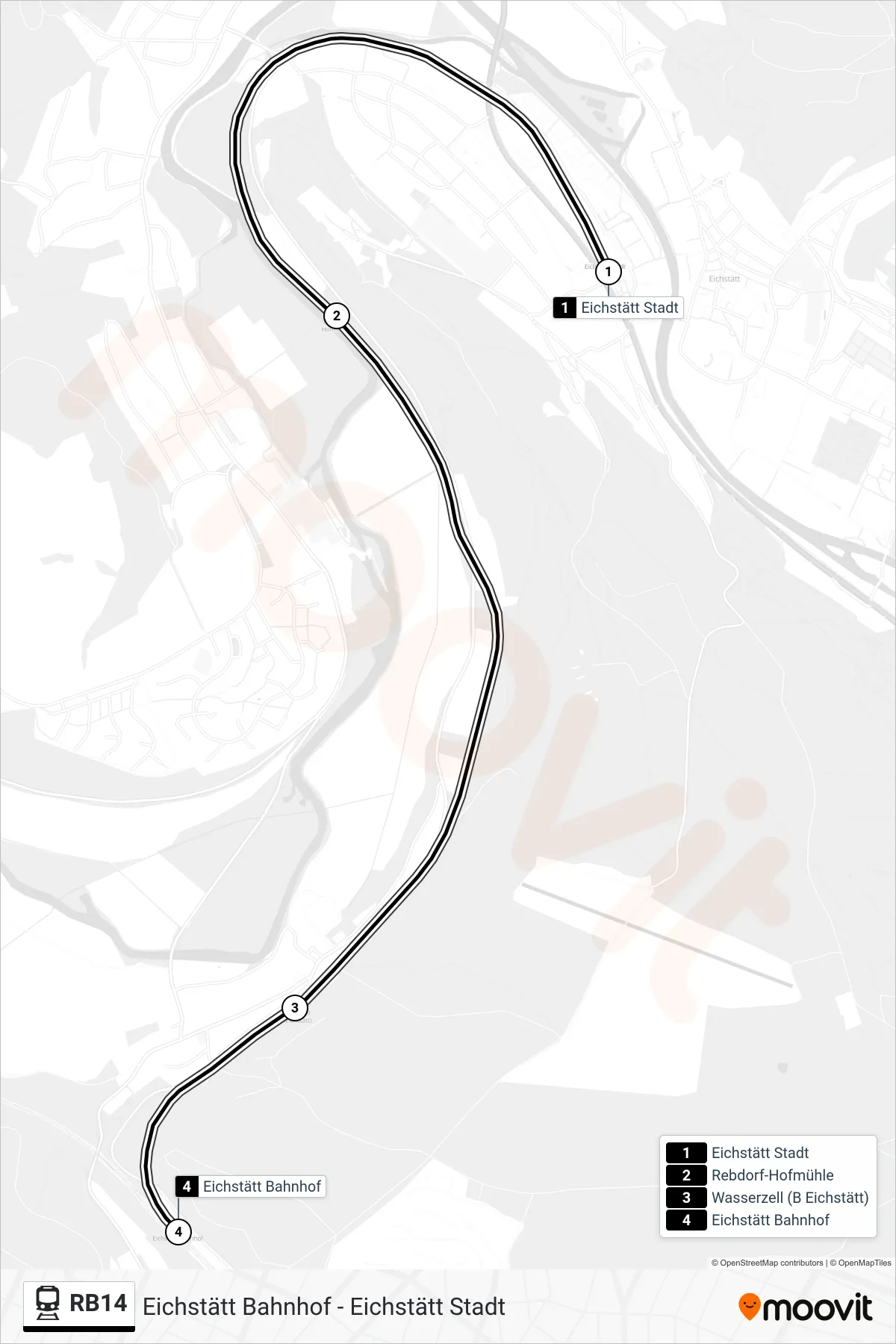 RB14 tram Line (Eichstätt Bahnhof) route and stops on a map