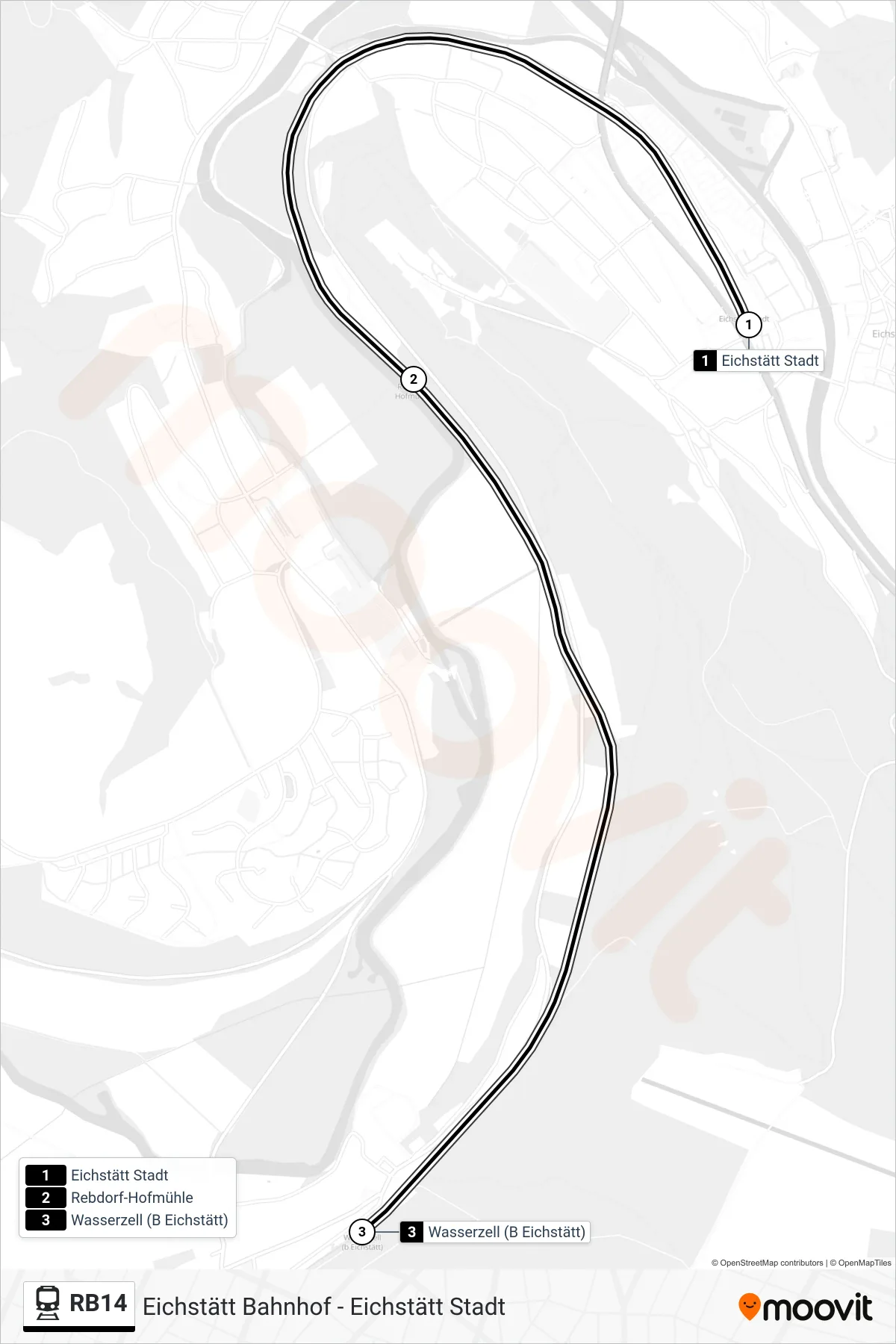 Linie RB14 (Tram) Richtung Wasserzell(B Eichstätt): Route und Haltestellen auf der Karte