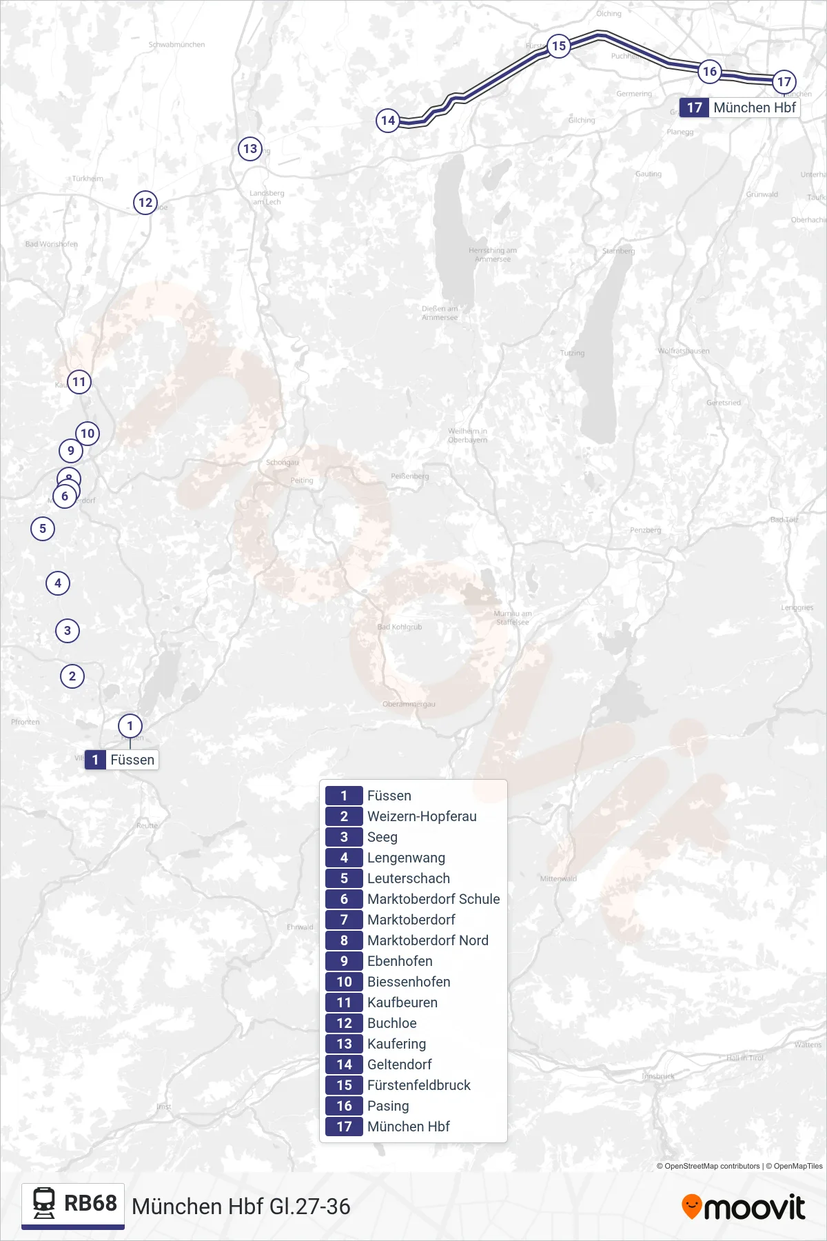 Linie RB68 (Tram) Richtung München Hbf Gl.27-36: Route und Haltestellen auf der Karte