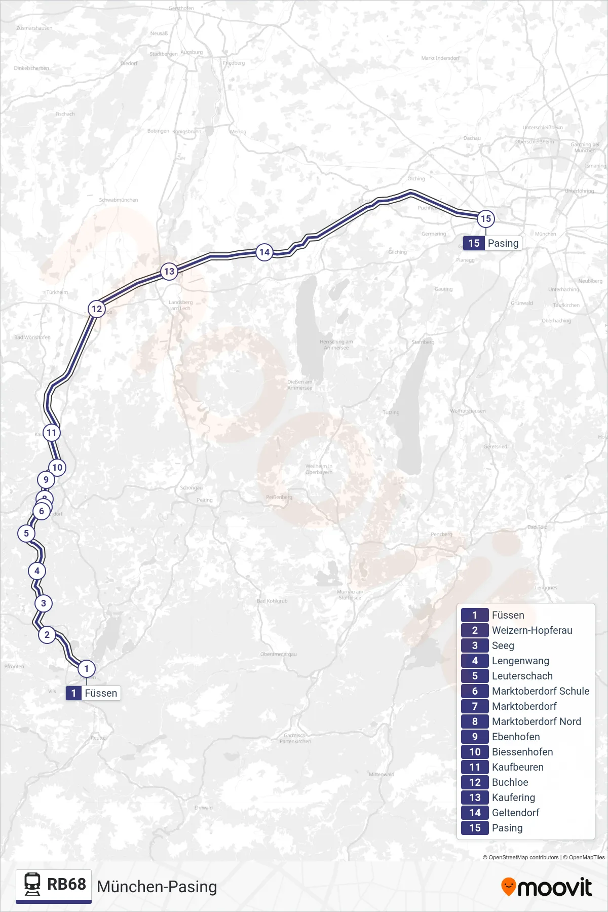RB68 tram Line (München-Pasing) route and stops on a map