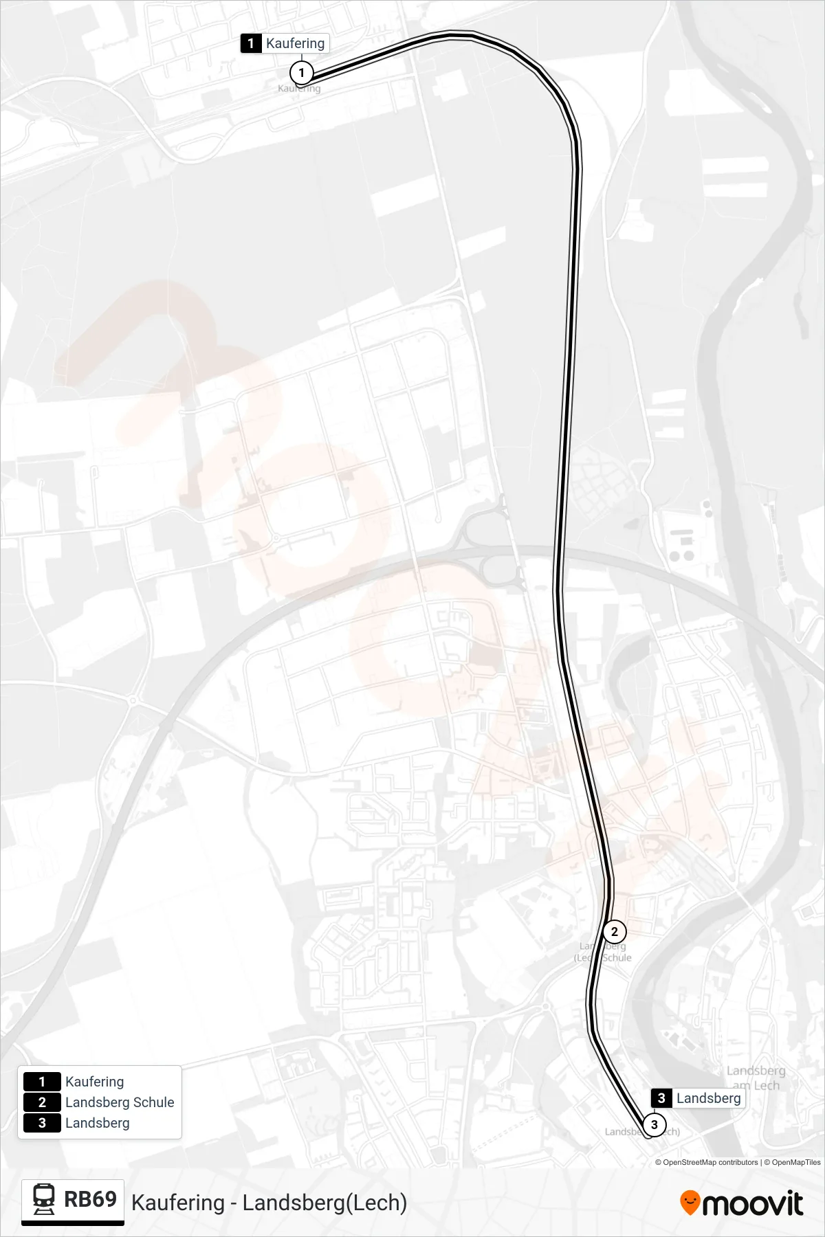 RB69 tram Line (Landsberg(Lech)) route and stops on a map