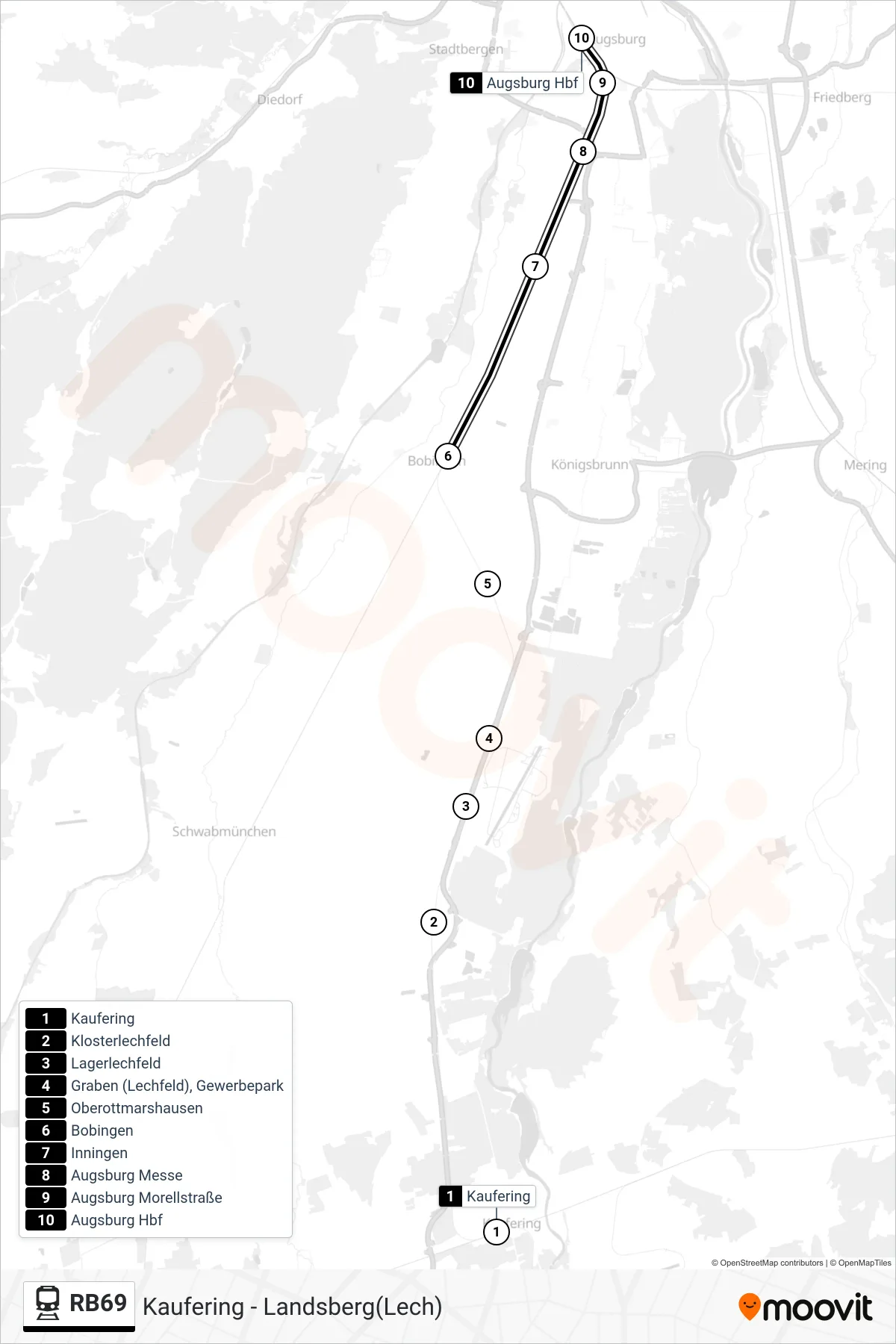RB69 tram Line (Augsburg Hbf) route and stops on a map