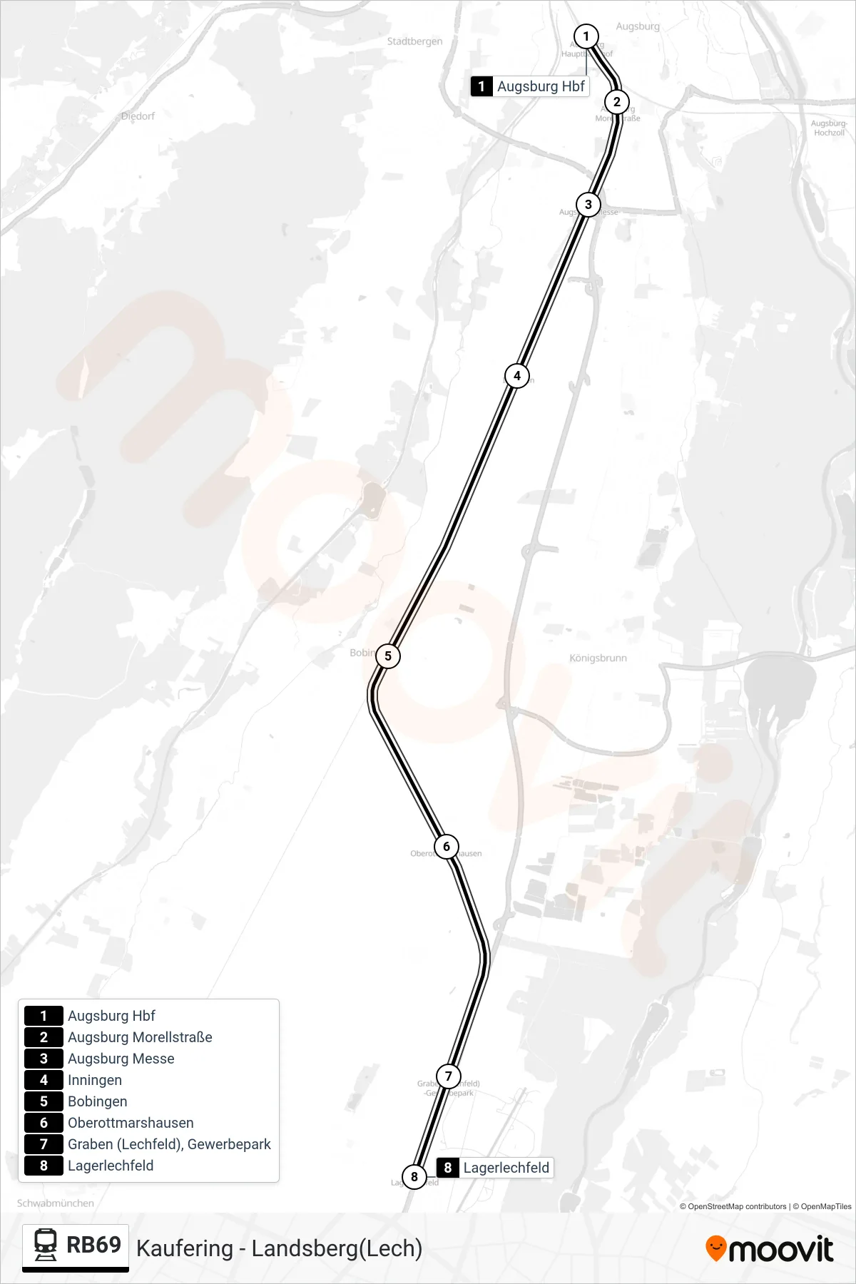 RB69 tram Line (Lagerlechfeld) route and stops on a map