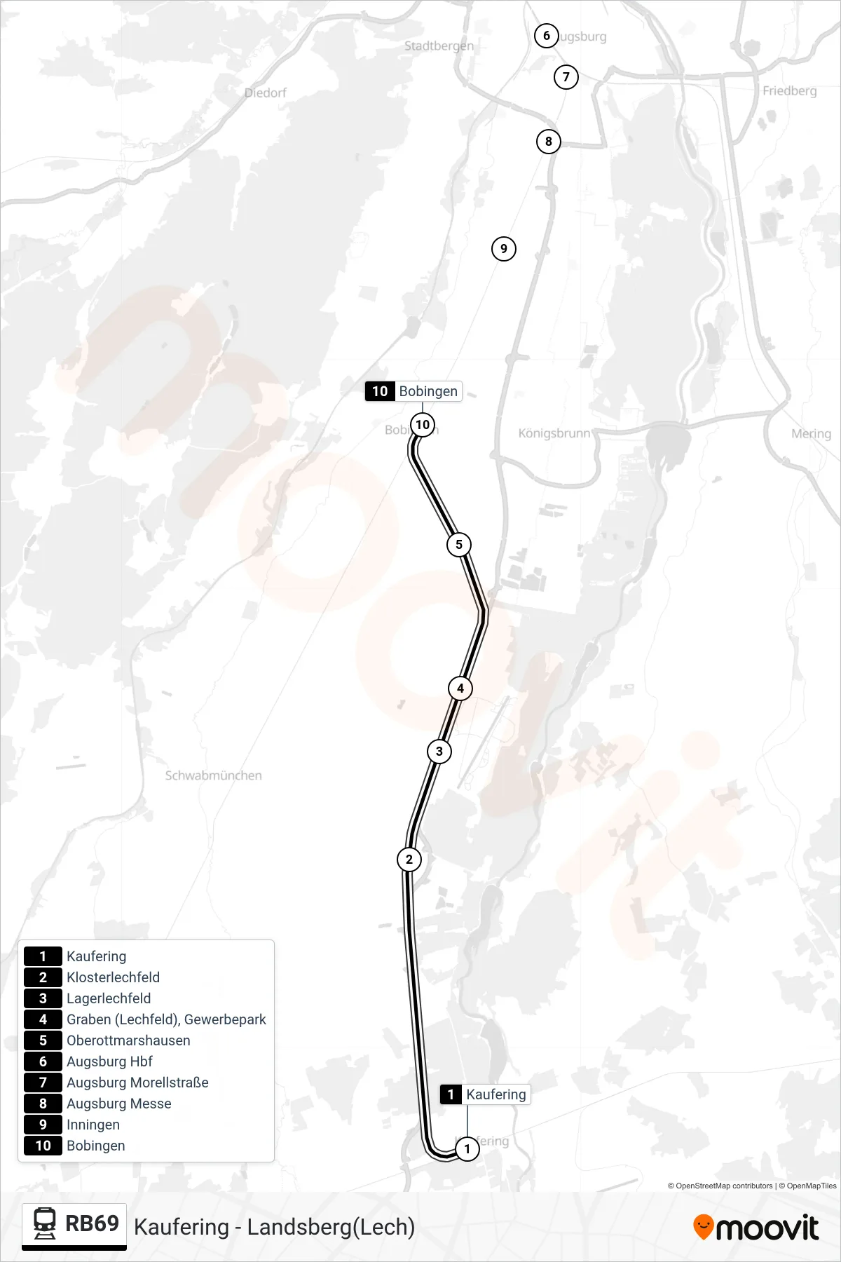 Linie RB69 (Tram) Richtung Bobingen: Route und Haltestellen auf der Karte