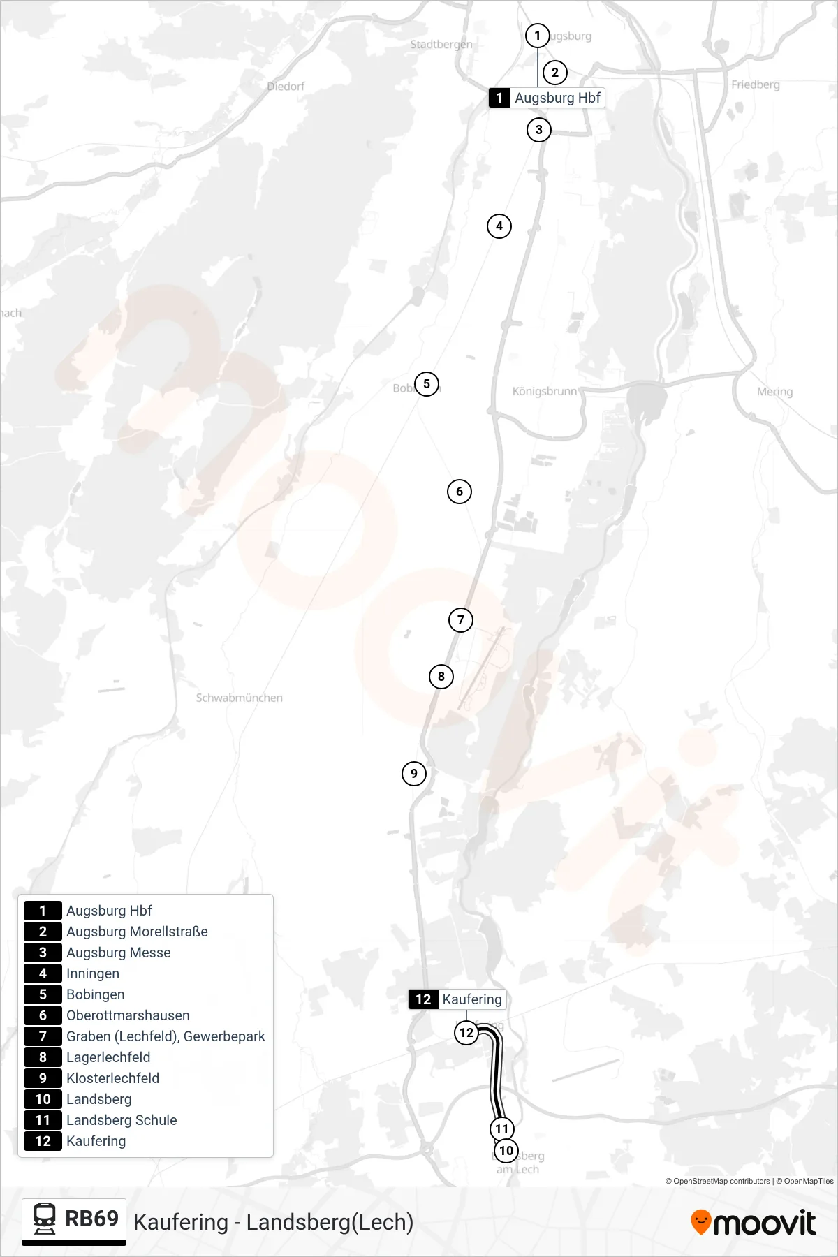 RB69 tram Line (Kaufering) route and stops on a map