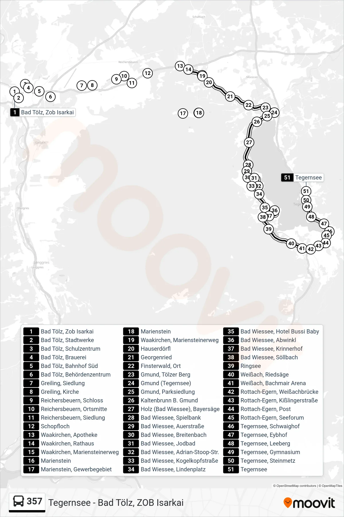 357 bus Line (Tegernsee) route and stops on a map