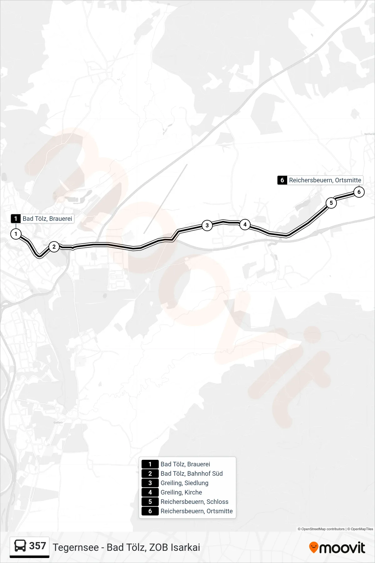Linie 357 (Bus) Richtung Reichersbeuern, Ortsmitte: Route und Haltestellen auf der Karte