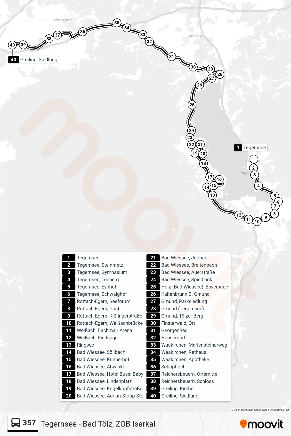 357 bus Line (Greiling, Siedlung) route and stops on a map