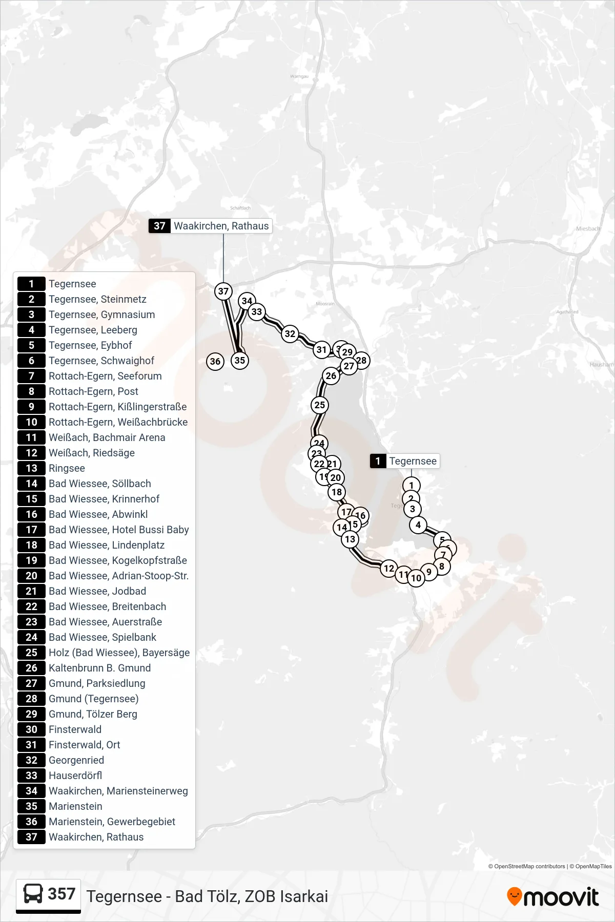 357 bus Line (Waakirchen, Rathaus) route and stops on a map