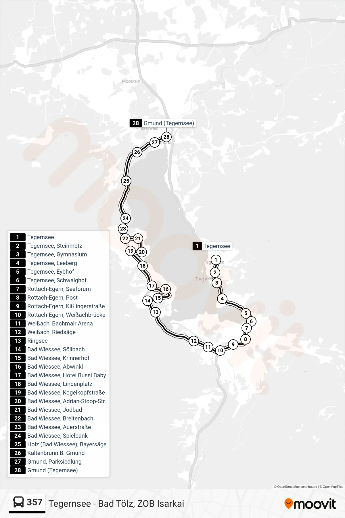 Linie 357 (Bus) Richtung Gmund (Tegernsee): Route und Haltestellen auf der Karte