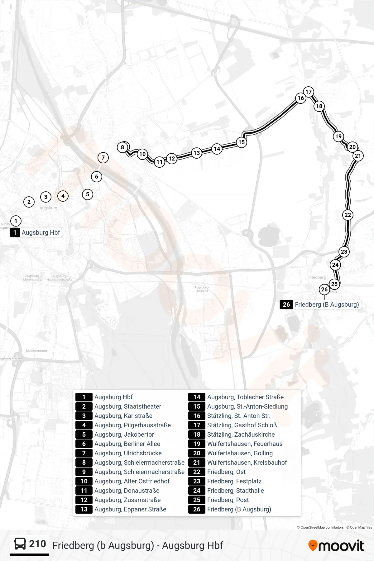 210 bus Line (Friedberg Bahnhof) route and stops on a map