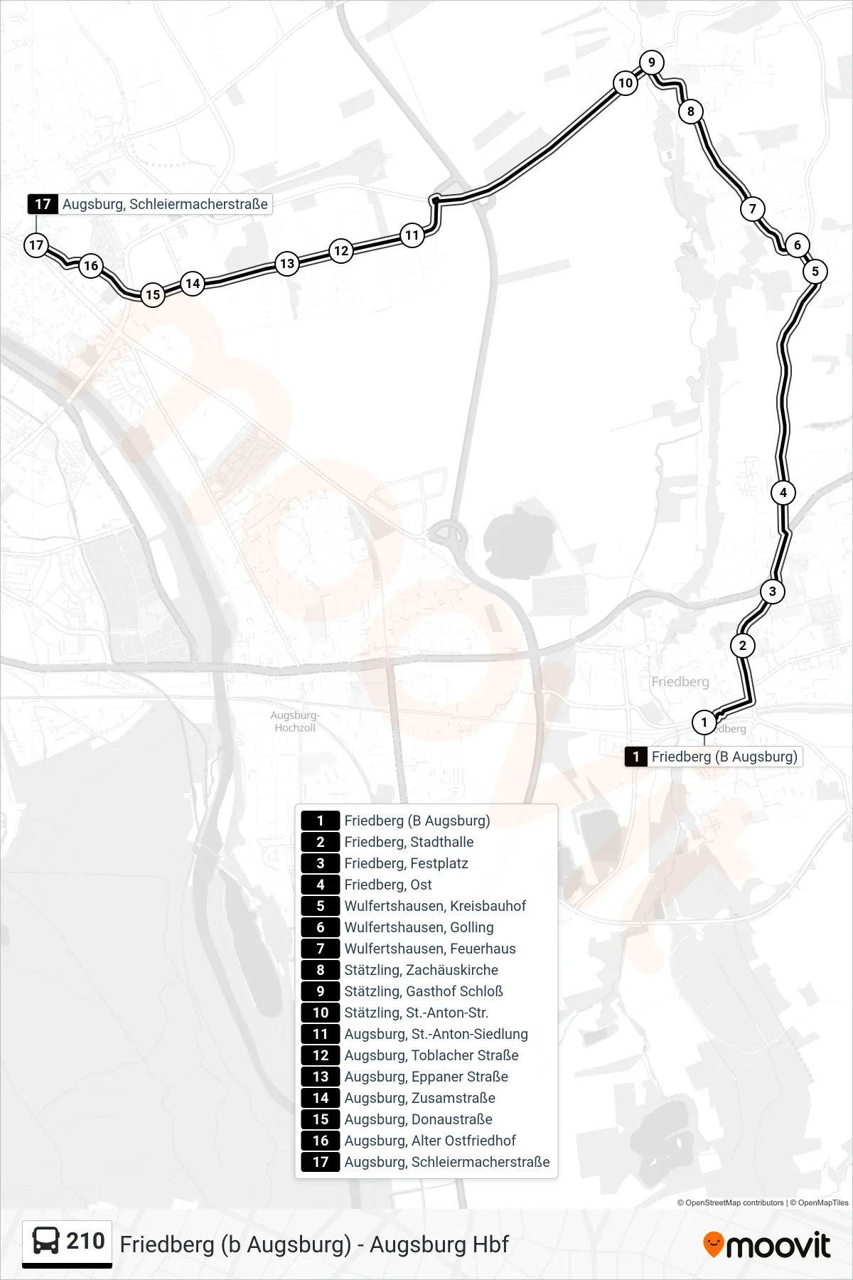210 bus Line (Augsburg Schleiermacherstraße) route and stops on a map