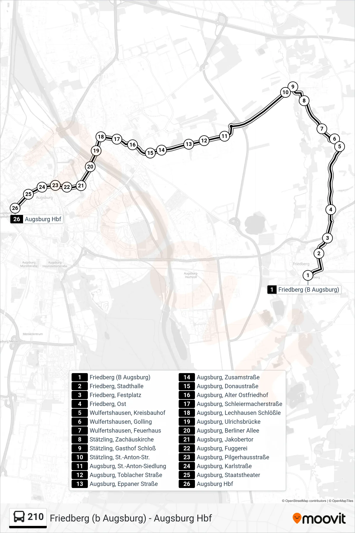 Linie 210 (Bus) Richtung Augsburg Hbf Hauptbahnhof: Route und Haltestellen auf der Karte