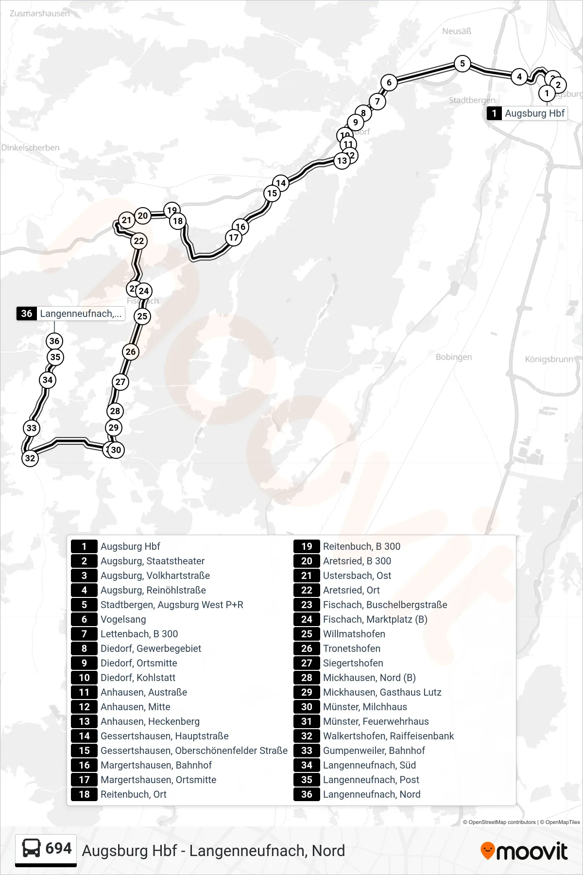 Linie 694 (Bus) Richtung Langenneufnach: Route und Haltestellen auf der Karte