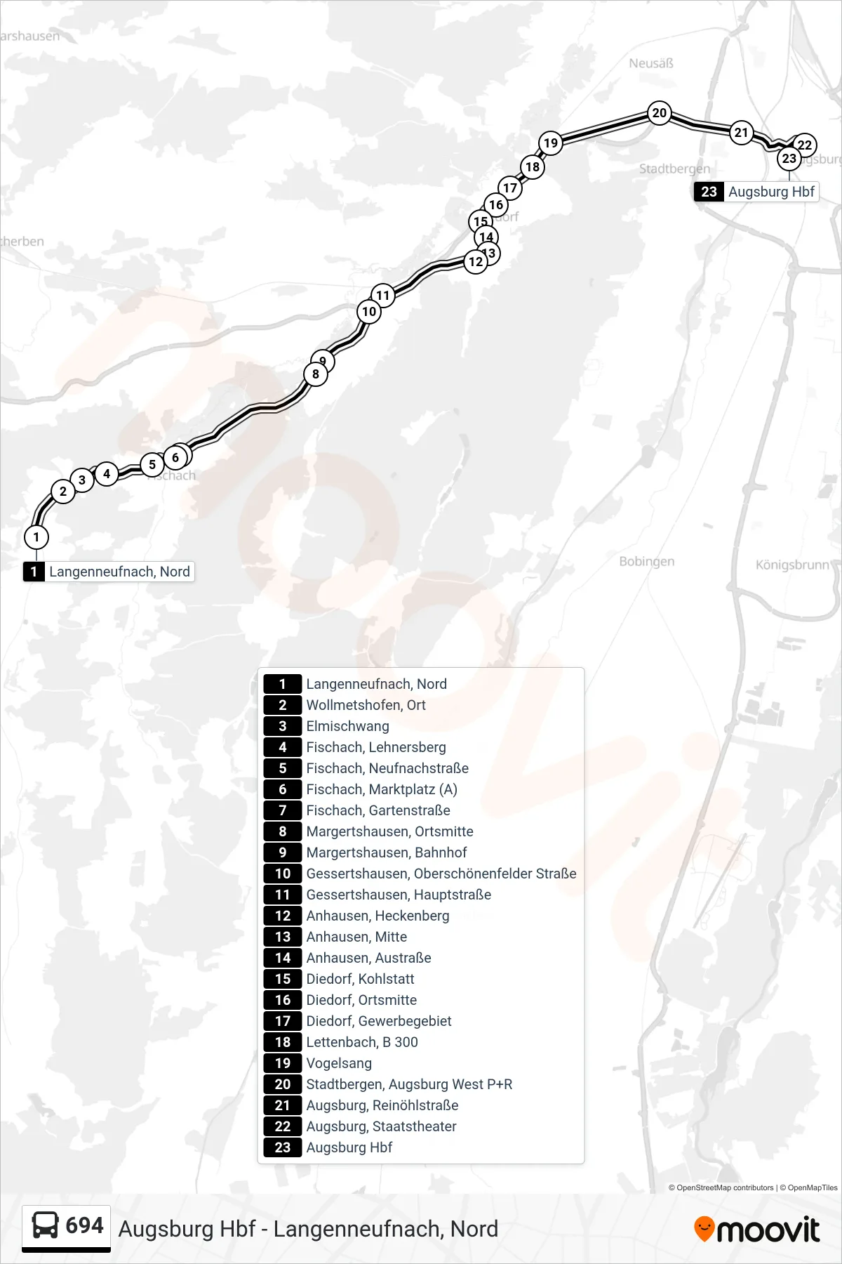 694 bus Line (Augsburg Hauptbahnhof) route and stops on a map