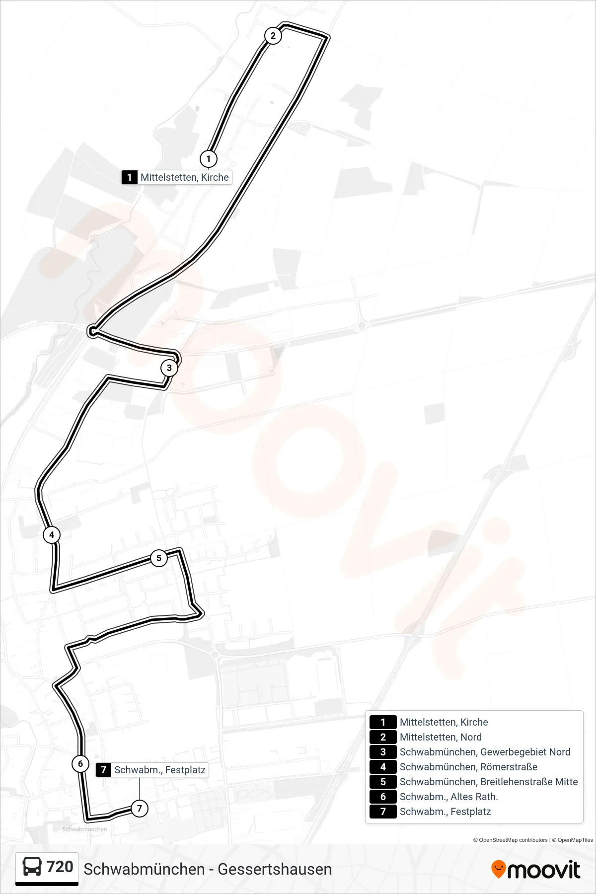 720 bus Line (Schwabmünchen Festplatz) route and stops on a map