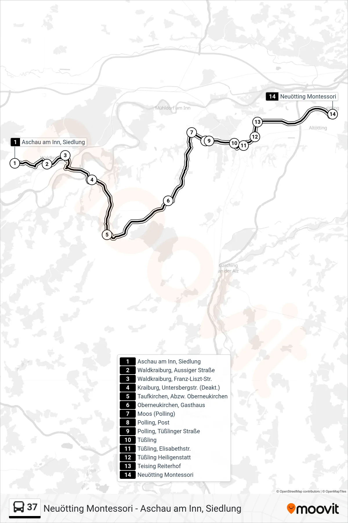 37 bus Line (Neuötting, Montessori-Schule) route and stops on a map