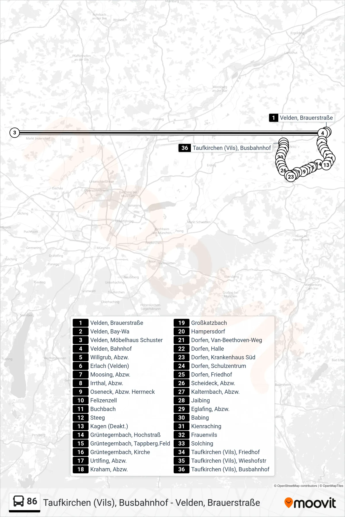 Linie 86 (Bus) Richtung Taufkirchen/Vils, Busbahnhof: Route und Haltestellen auf der Karte