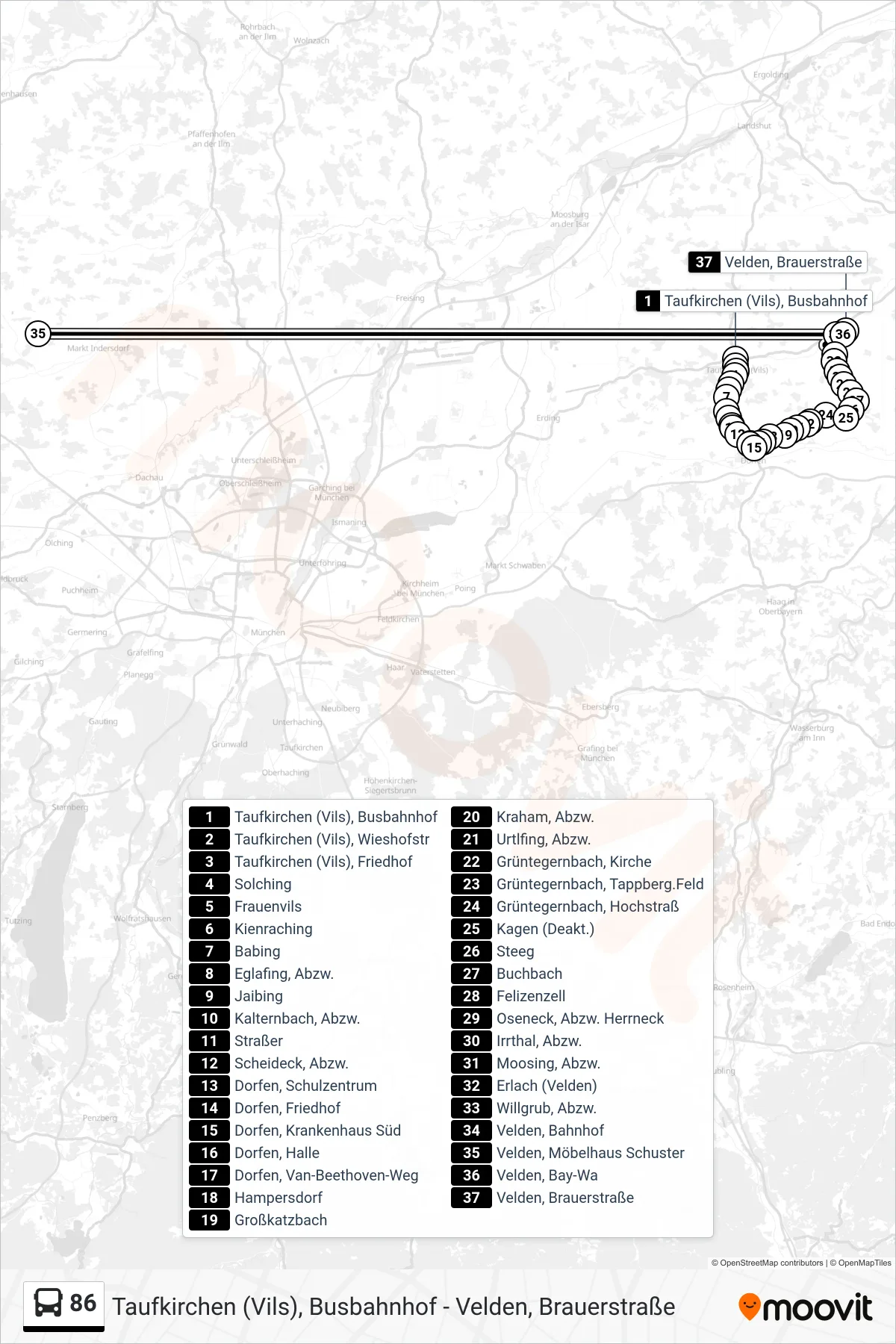 86 bus Line (Velden, Brauerstr.) route and stops on a map