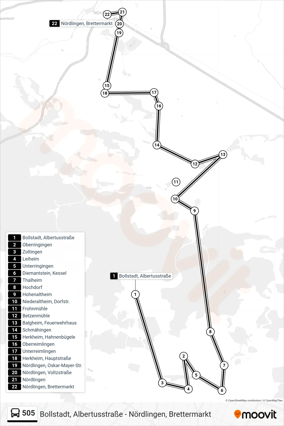 505 bus Line (Nördlingen, Brettermarkt) route and stops on a map
