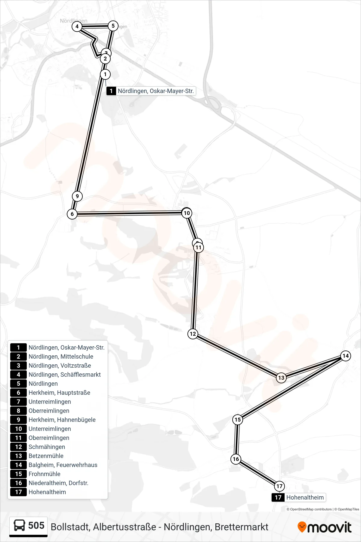 Linie 505 (Bus) Richtung Hohenaltheim: Route und Haltestellen auf der Karte