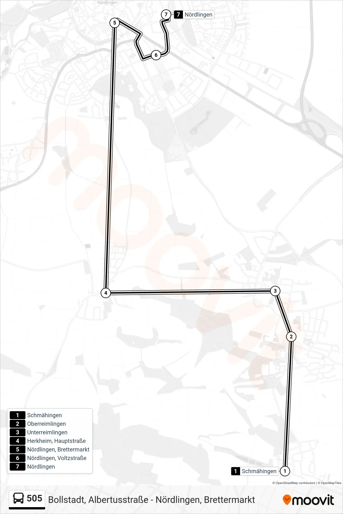 505 bus Line (Nördlingen) route and stops on a map