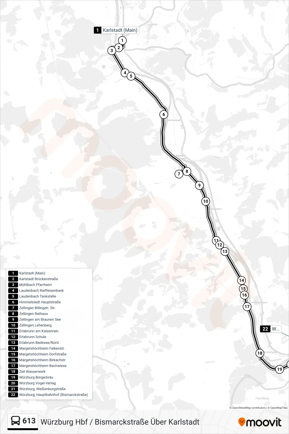 613 bus Line (Würzburg Hbf / Bismarckstraße Über Karlstadt) route and stops on a map
