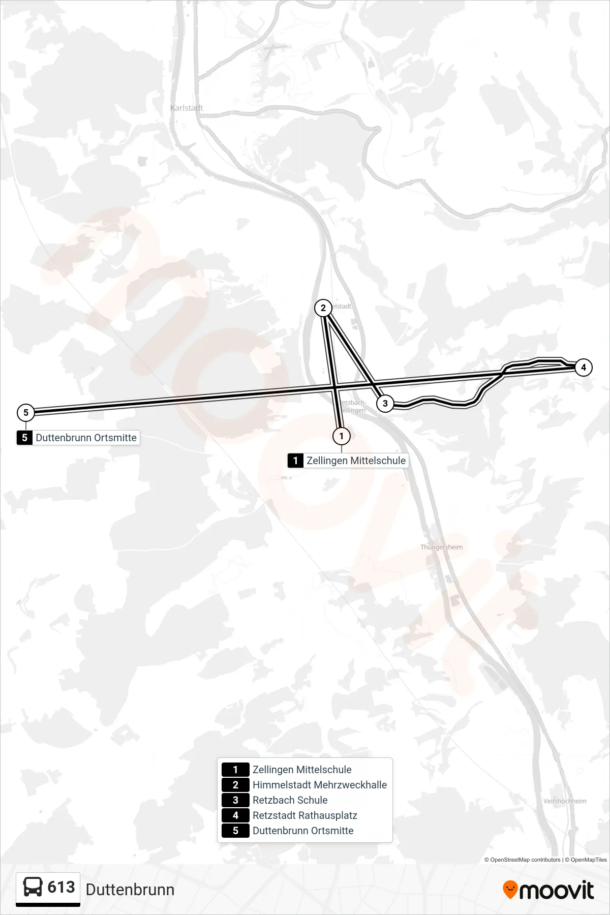 613 bus Line (Duttenbrunn) route and stops on a map