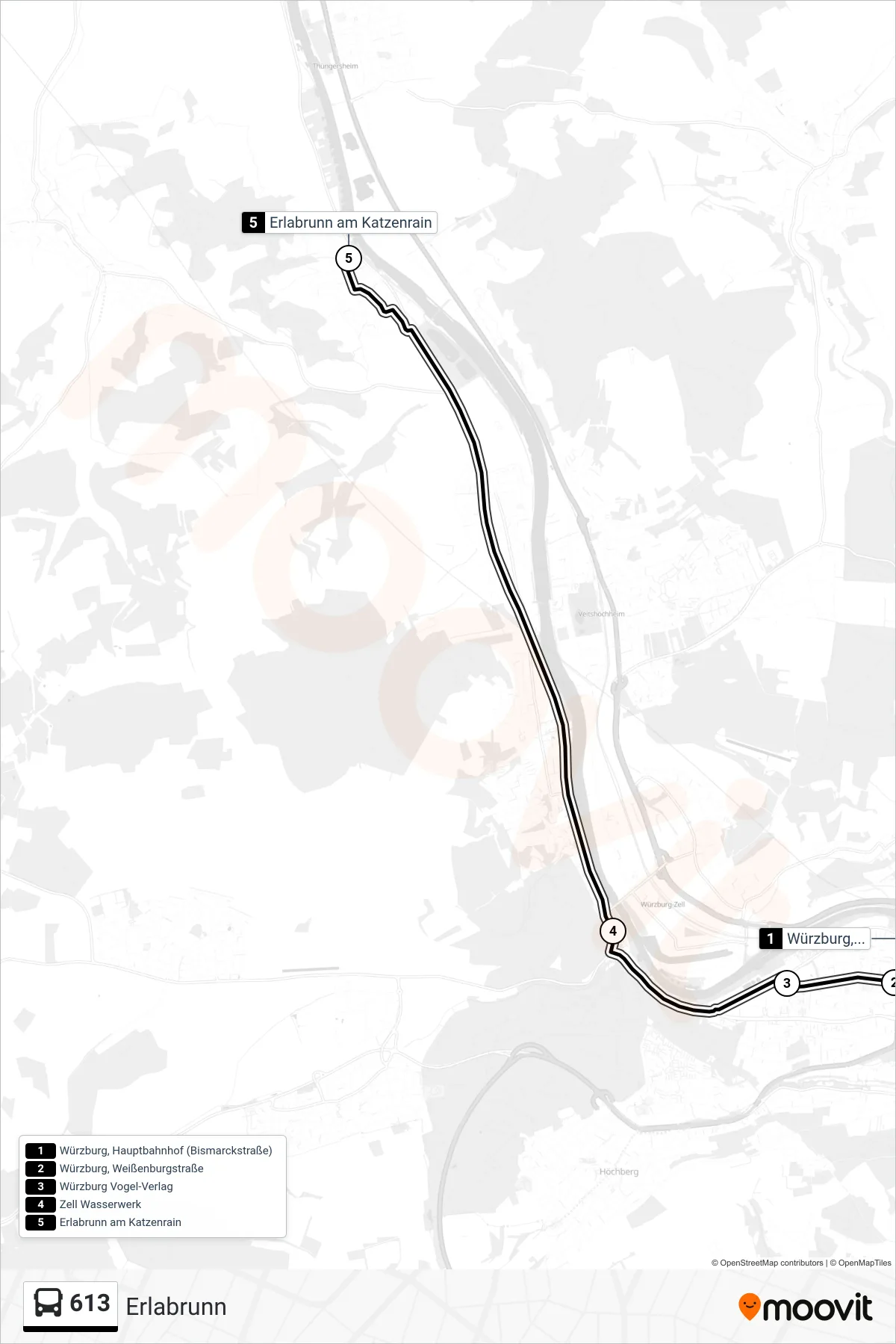 613 bus Line (Erlabrunn) route and stops on a map