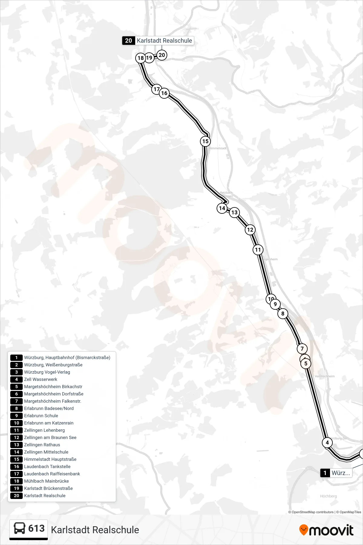 613 bus Line (Karlstadt Realschule) route and stops on a map