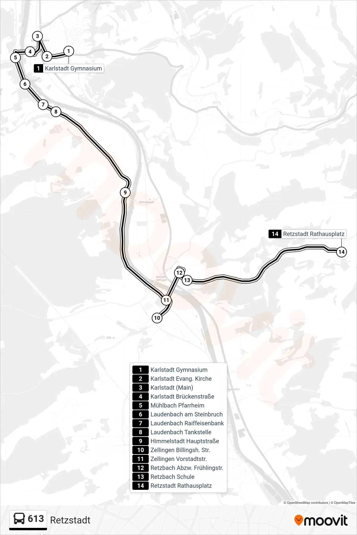 613 bus Line (Retzstadt) route and stops on a map