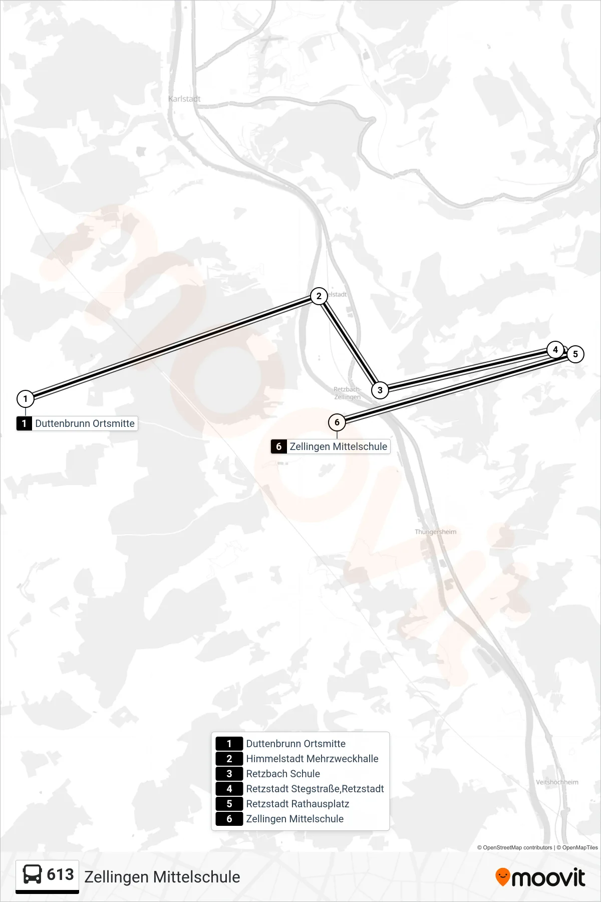 613 bus Line (Zellingen Mittelschule) route and stops on a map