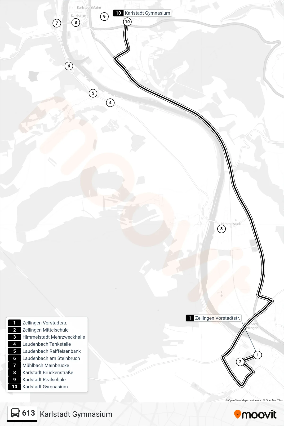 613 bus Line (Karlstadt Gymnasium) route and stops on a map