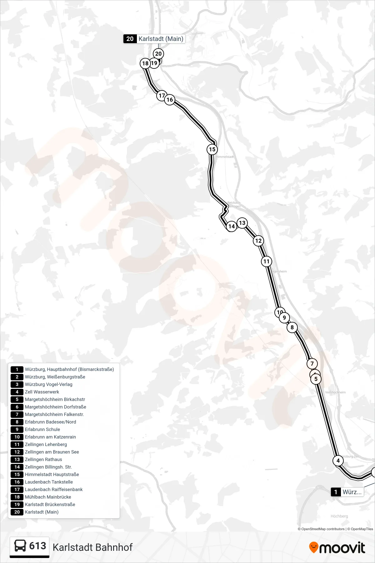 613 bus Line (Karlstadt Bahnhof) route and stops on a map